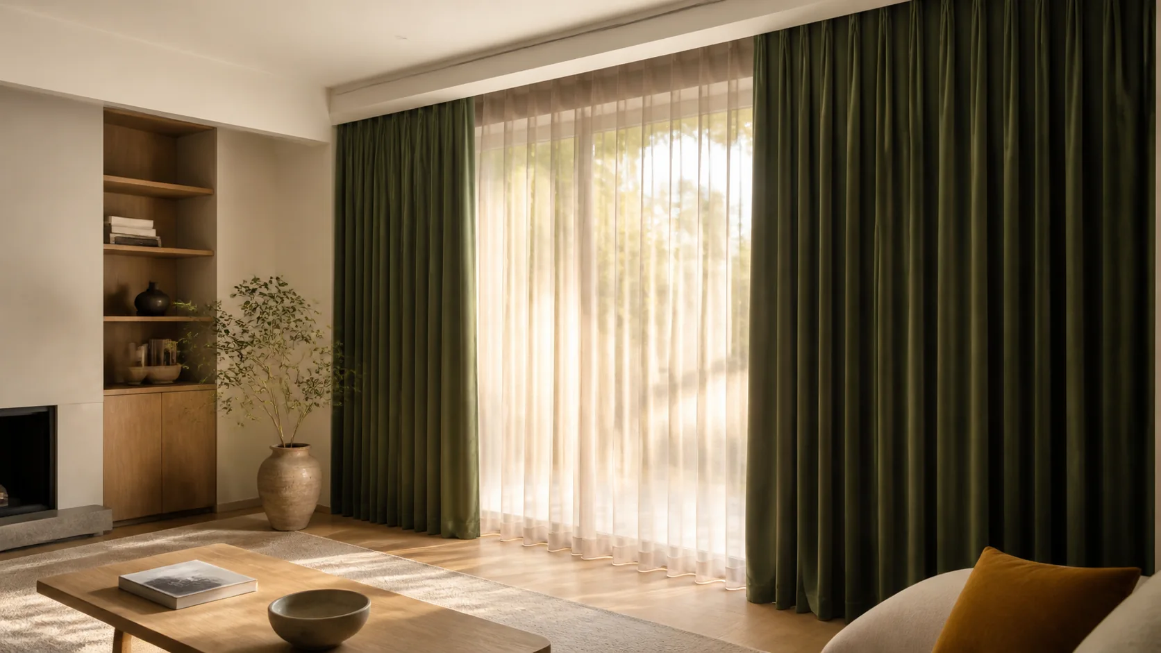 Rideaux luxueux sur mesure et voilage filtrant une lumière chaleureuse dans un salon contemporain québécois